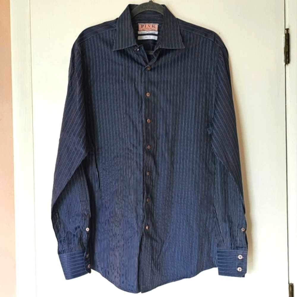 Thomas Pink dark-blue striped button-down cotton dress shirt Size 16/41